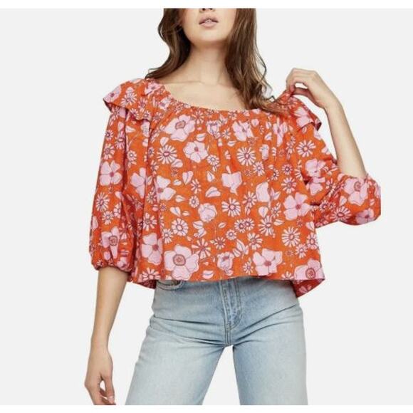 Free People Crop Top Womens Medium Orange Pink Floral Miss Daisy Smocked - Picture 1 of 11